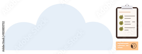 Large cloud shape next to a clipboard with a task list and checkmarks emphasizes cloud technology, task management, and productivity. Ideal for goal setting, organization, data storage, project