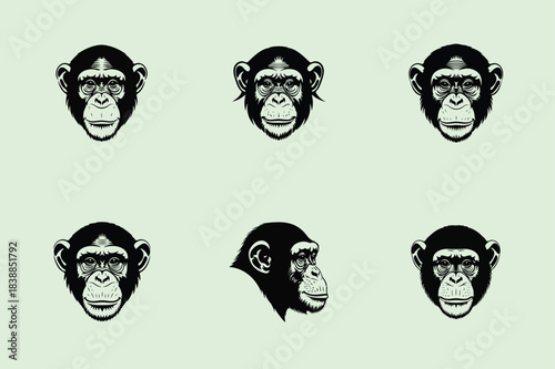 Pattern of chimpanzee faces in black and white with varying expressions and poses