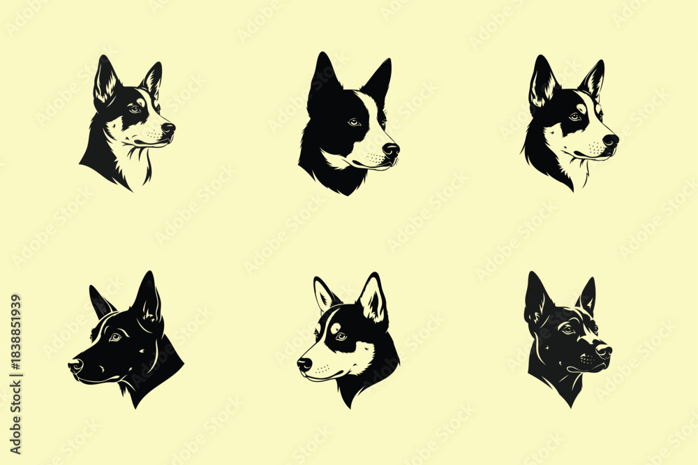 Fototapeta premium Pattern of black and white dog heads arranged in a grid on a pale yellow background