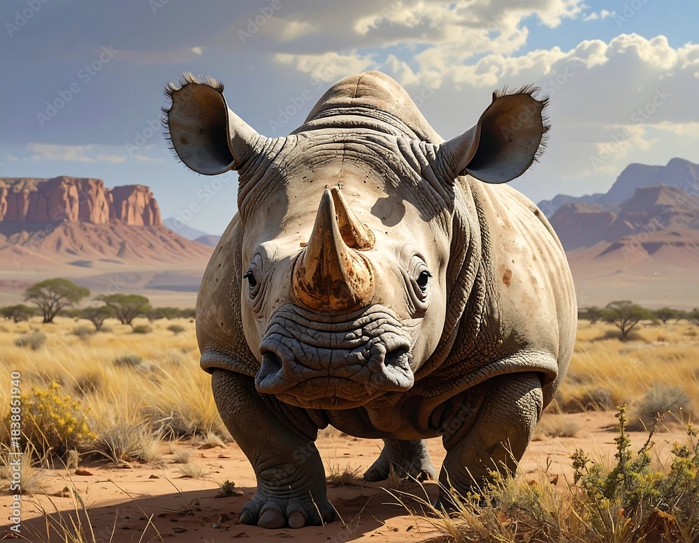 Fototapeta premium A majestic rhinoceros stands proudly in the arid savanna, surrounded by distant mountains