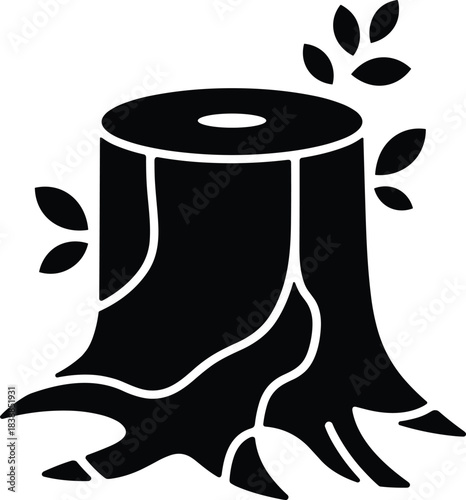 Black silhouette icon of a tree stump with leaves wood forest