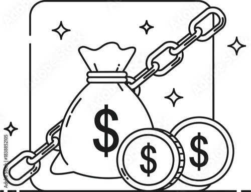 A money bag chained with sparkling dollar coins icon