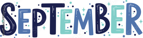 Cute hand-drawn lettering spelling out the month September in blue tones