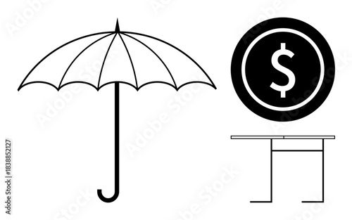 Financial security, wealth management, savings, insurance, risk management, business strategy. Black umbrella, dollar symbol and table icons in minimalist design. Financial security and wealth