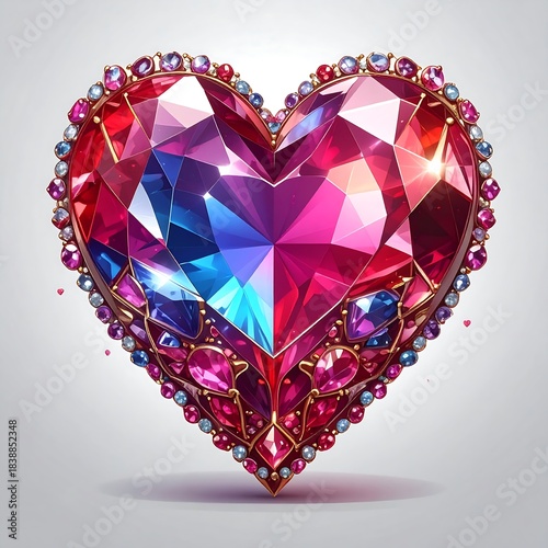 A detailed jeweled heart, rendered with colorful facets, gold trim, and sparkling details