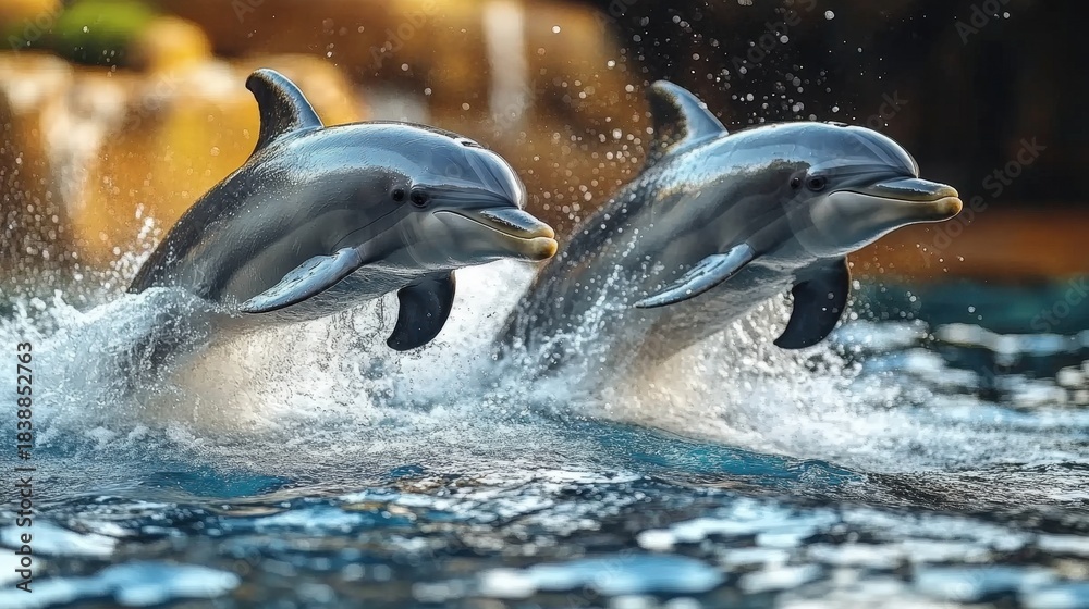 Fototapeta premium Two playful dolphins breach the surface of the ocean, creating a dynamic and energetic image of marine wildlife.