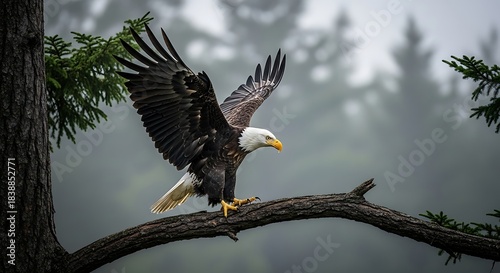 Bald eagle landing on a tree branch in a misty forest