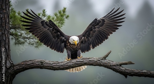 Majestic bald eagle perched on a tree branch with wings spread