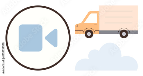 Cloud symbol, video play button in circle, and delivery truck. Ideal for media streaming, online service, logistics, cloud storage, database remote access digital delivery. A simple flat metaphor
