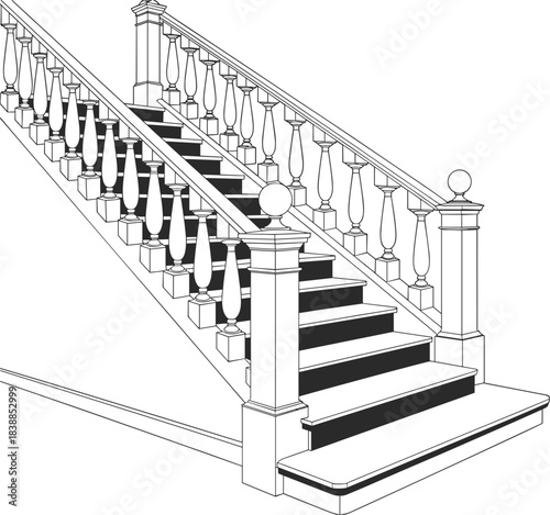 Ornate Grand Staircase with Balustrade and Newel Posts Keywords: staircase, stairs, grand