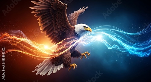 Majestic eagle soaring through vibrant fiery and icy energy streams