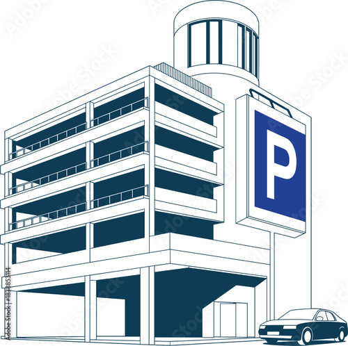 Modern multi-level parking garage structure with car and parking sign building architecture