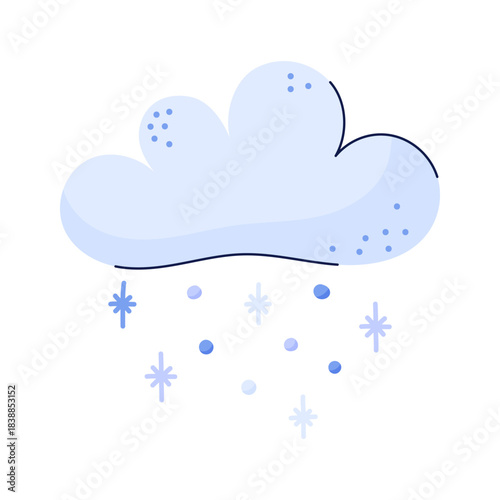Hand drawn cloud and snow. Winter and snowfall. Sky and weather design element. Isolated vector illustration on white background.