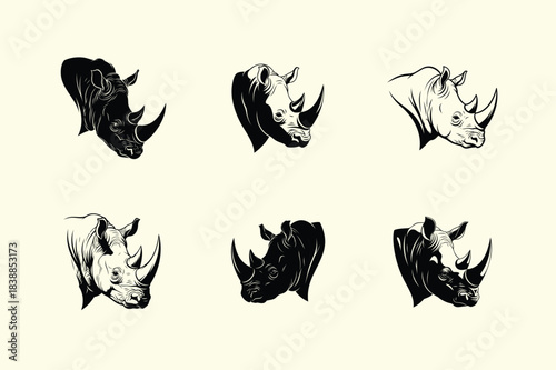 Vintage engraving style illustration set of rhinoceros heads in a repeating pattern