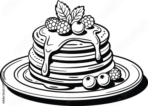 Pancake Stack Illustration with Syrup and Berries in Line Art.