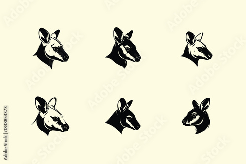 Set of six stylized kangaroo head illustrations in a vintage engraved etching style
