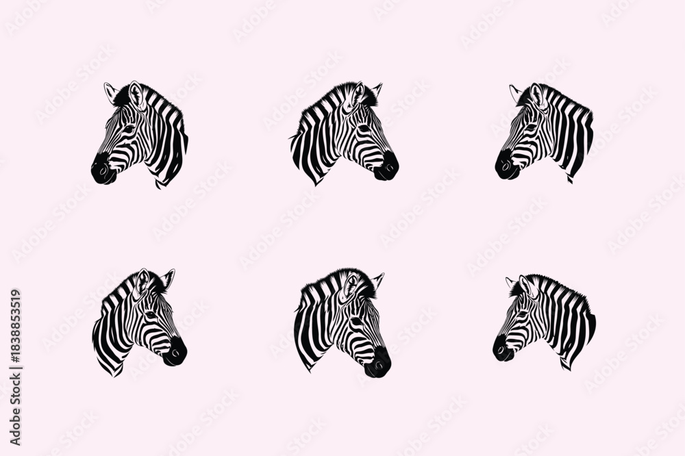 Naklejka premium Pattern of sketched zebra heads in a repeating grid on a light pink background