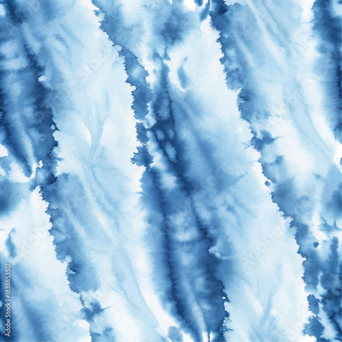 Seamless Indigo Tie-Dye Shibori Pattern on White Silk Hand Painted Batik Background.