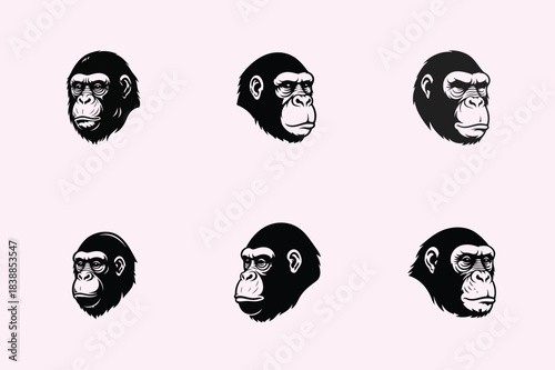 Collection of gorilla heads in a repeating pattern with a black and white aesthetic