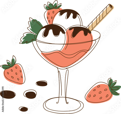 Strawberry Ice Cream Sundae with Chocolate Drizzle and Wafer Keywords: ice cream, sundae