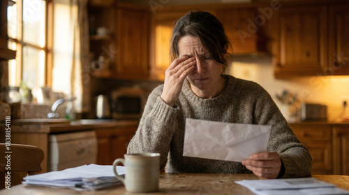 Stressed person reading bill at kitchen table — financial anxiety and cost of living