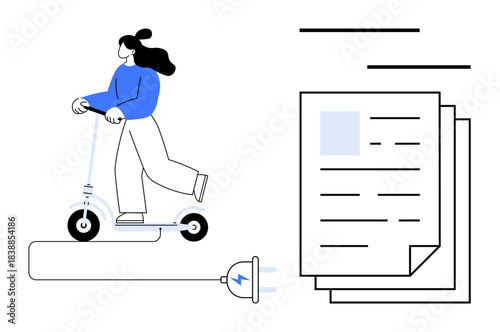 Woman on electric scooter charging with plug, electric mobility concept. Ideal for energy efficiency, eco-transportation, sustainability, personal development, modern lifestyle, green commuting