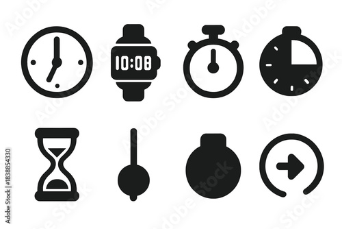 Timekeeping Icon Set. Timekeeping Elements. Filled icon set of Timekeeping Elements: analog clock, digital