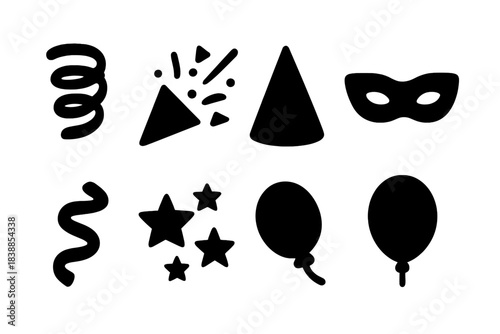 Festive Party Icons. Festive Party Symbols. Filled icon set of Festive Party Symbols: ribbon coil, confetti