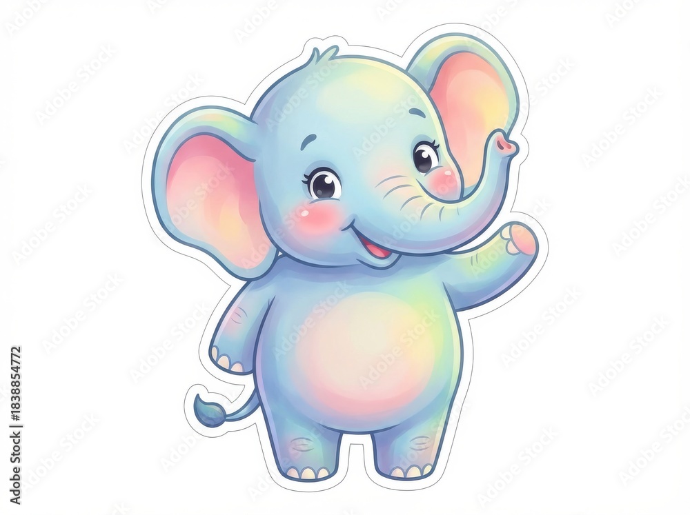 Fototapeta premium Cartoon vector illustration of a cute, happy, baby gray elephant animal character with a pink heart, perfect for fun children's art, drawing, or funny zoo clipart