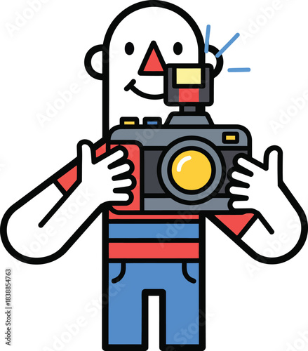 Smiling cartoon character in a striped shirt holding a large camera with a firing flash.