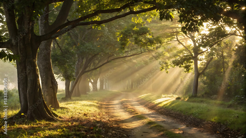 Naklejka premium Sunlight beams through trees on a country road