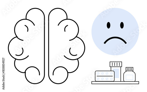 Mental health concept. Brain, sad face, and medications symbolize mental health challenges and treatment approaches. Mental health awareness promotes therapy, self-care, and recovery. Suitable