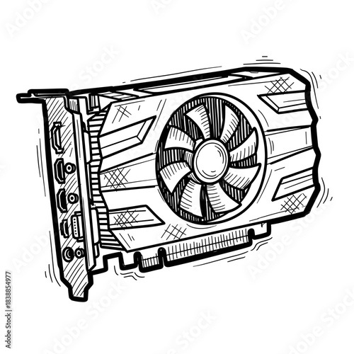 Graphic card illustration with detailed fan and connectors  