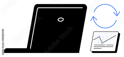 Laptop alongside analytics chart and circular update arrows signifying technology, data flow, software updates, productivity, innovation, progress tracking, and analysis. Ideal for development