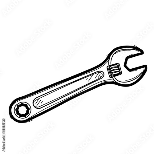 Adjustable wrench sketch with metallic finish on white background  