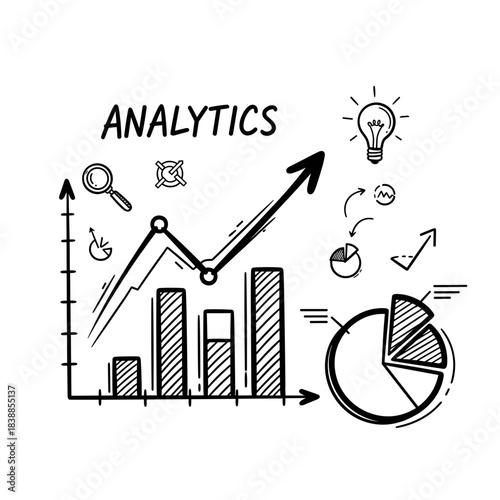 Analytics graph with charts, arrows, and icons in a sketch style  