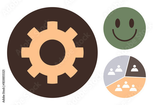 Gear for efficiency, happy for positivity, pie chart for teamwork. Ideal for productivity, teamwork, collaboration, progress, efficiency organizational culture workflow. Simple flat metaphor