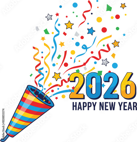 Vibrant Happy New Year 2026 illustration featuring an exploding party popper with colorful confetti and streamers.