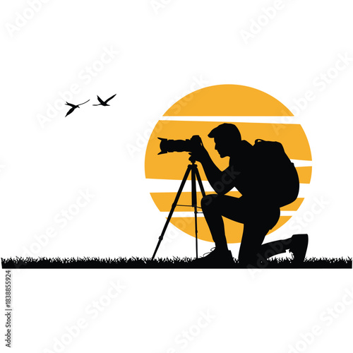 Photographer Silhouette at Sunset Nature Photography Vector