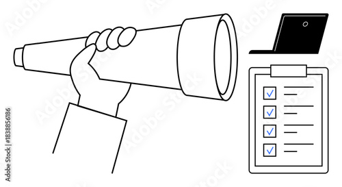 Business strategy, goal tracking, task management, vision, online research, productivity. Hand holding telescope, checklist with marks laptop. Planning and goal tracking concept