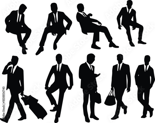 Silhouettes of business men in various professional poses, walking, sitting, talking, and carrying bags, representing corporate lifestyle and modern work culture.