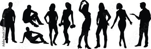Silhouettes of men and women in various casual and expressive poses, representing lifestyle, fashion, fitness, relaxation, confidence, and modern human behavior.