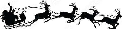 Silhouette of Santa Claus riding a sleigh pulled by flying reindeer, representing Christmas holiday magic, winter tradition, festive season imagery, and celebration.
