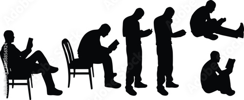 Silhouettes of people reading in various seated and standing positions, illustrating relaxation, learning, education, study habits, and quiet reading moments.