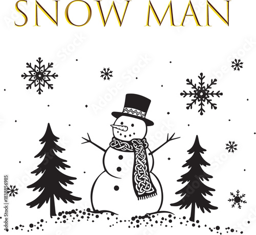 Black and white vector illustration of snowman with pine trees, falling snowflakes, and “SNOW MAN” text