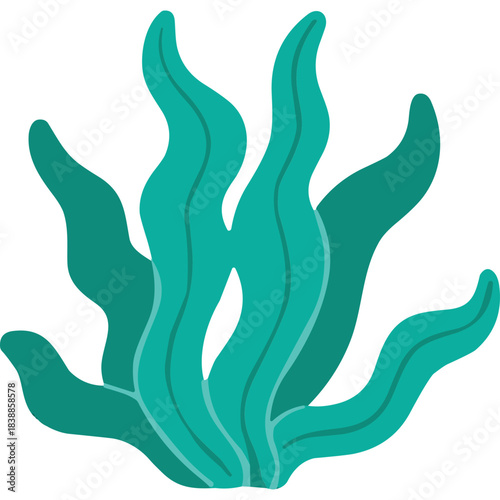 Stylized Teal Seaweed Plant With Wavy Fronds Against A Black Background Minimalist Aquatic Marine Flora Illustration