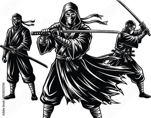 Three ninjas, katana sword pose, masked warriors, flowing robes, dynamic action, black and white, stealth fighters, martial arts, dramatic stance, Japanese combat