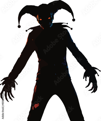 Shadowy jester clown, horror circus silhouette, glowing orange eyes, creepy costume, Halloween scary mime, eerie lighting, nightmare performer, spooky design