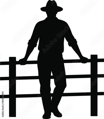 Silhouette of person leaning on fence, wearing hat, rural posture illustration, contemplative countryside scene, western lifestyle gesture
