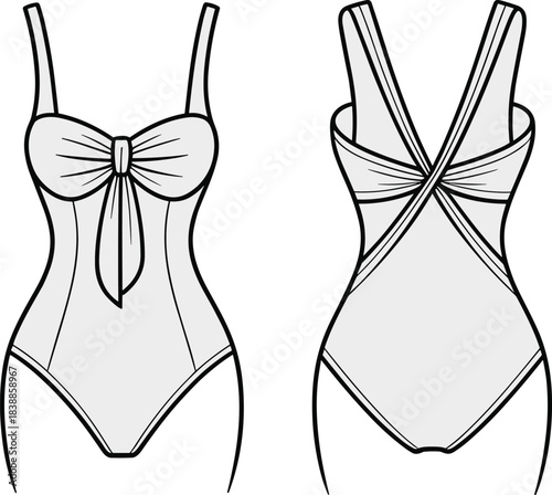 One-piece swimsuit technical flat sketch, fashion CAD drawing, vector illustration apparel design, sweetheart neckline, knotted bow, crisscross strap back